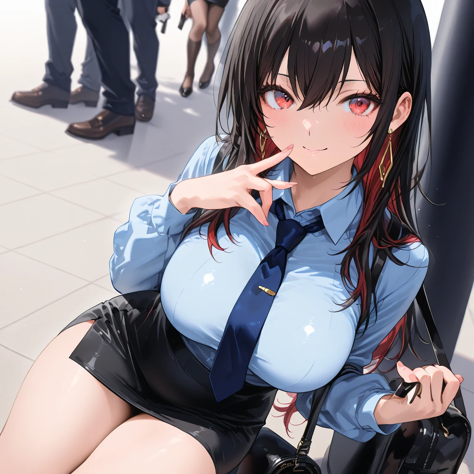 One girl,Bob,face up,Black suit,pencil skirt,cleavage:0.5,hob interview suit