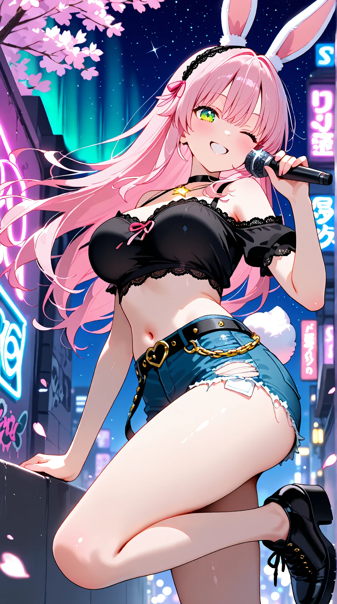 Nicole Demara, pink hair, hair ties, open mouth, lifting skirt, under boob, high cut panties,
