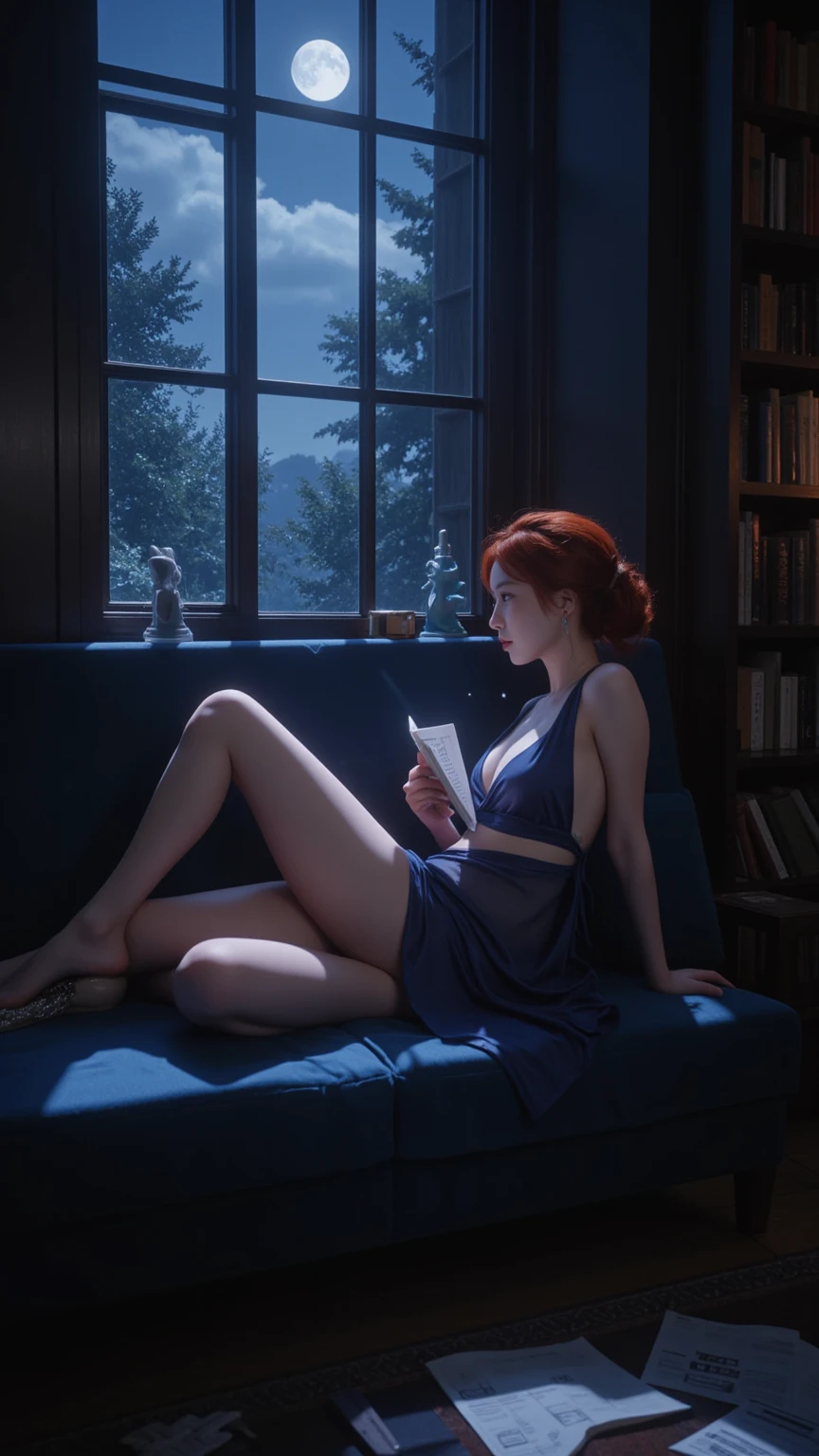 a beautiful woman with dark skin, red bob haircut, expressive blue eyes, wearing white lace lingerie, in a bedroom setting with a sexy, erotic atmosphere, (best quality,4k,8k,highres,masterpiece:1.2),ultra-detailed,(realistic,photorealistic,photo-realistic:1.37),portrait,chiaroscuro lighting,dramatic lighting,cinematic,dramatic colors,rich colors,glowing skin,detailed facial features,sensual,alluring, intricate details,dramatic lighting,cinematic composition,sensual,captivating expression,alluring. HDMI, HDRI, UDHD,((Diffuse effect)), ((volume effect 1.1)), ((Depth of field 1.1)), ((fisheye lens)