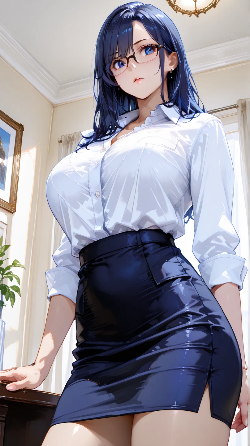 1girl, underwear, lingerie, tight shirt, big chest, reaching at the top of a cupboard, shiny skin