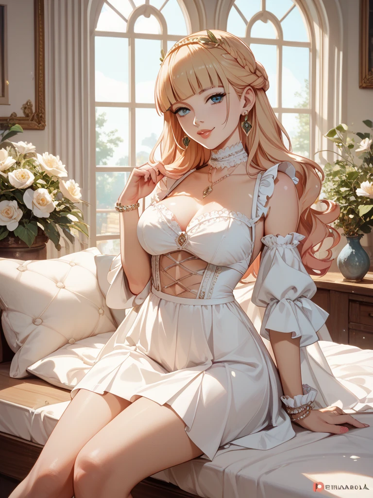 (hyperrealistic), (illustration), (high resolution), (8K), (extremely detailed), (best illustration), (beautiful detailed eyes), (best quality), (super detailed), (masterpiece), (wallpaper), (detailed face), solo, (dynamic pose), 1 girl, white wavy hair on the chair, small moles under the eyes, ((short apron)), medium breasts, long legs, tightens abs, (camel toes), (no panties), (no bra) , seduce, smile