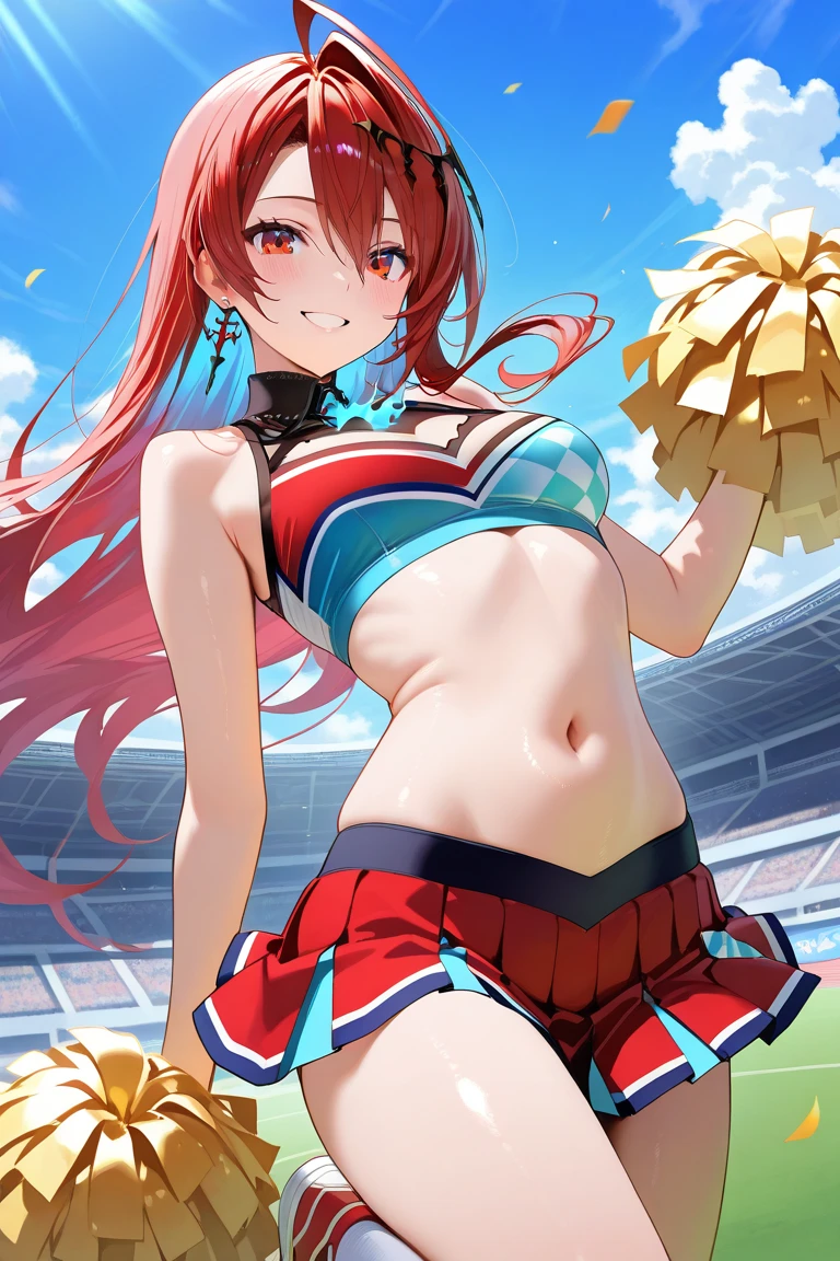 itsukinakano, Itsuki Nakano, bangs, blue eyes, hair between eyes, Ahoge, Redhead, star \(symbol\), happy smile, smile, Open your mouth,hair ornaments, star hair ornaments,(cheer leading), (whole body), Big Breasts, Lower, (Sweaty), Sweaty Wet Clothes (Red clothes), No sleeve,Belly button support, playground, (Jump), (Jump), 足を曲げてJumpする, air, blue sky, Grass原, smileのチアリーダー, Pom-pom \(cheer leading\), Grass, whole bodyがイラストに入るように,crowd, people々々,
break outdoors, Stadium,
break looking at viewer, whole body,
break (masterpiece:1.2), Highest quality, High resolution, unity 8k wallpaper, (shape:0.8), (Fine and beautiful eyes:1.6), Highly detailed face, Perfect lighting, Highly detailed CG, (Perfect hands, Perfect Anatomy),