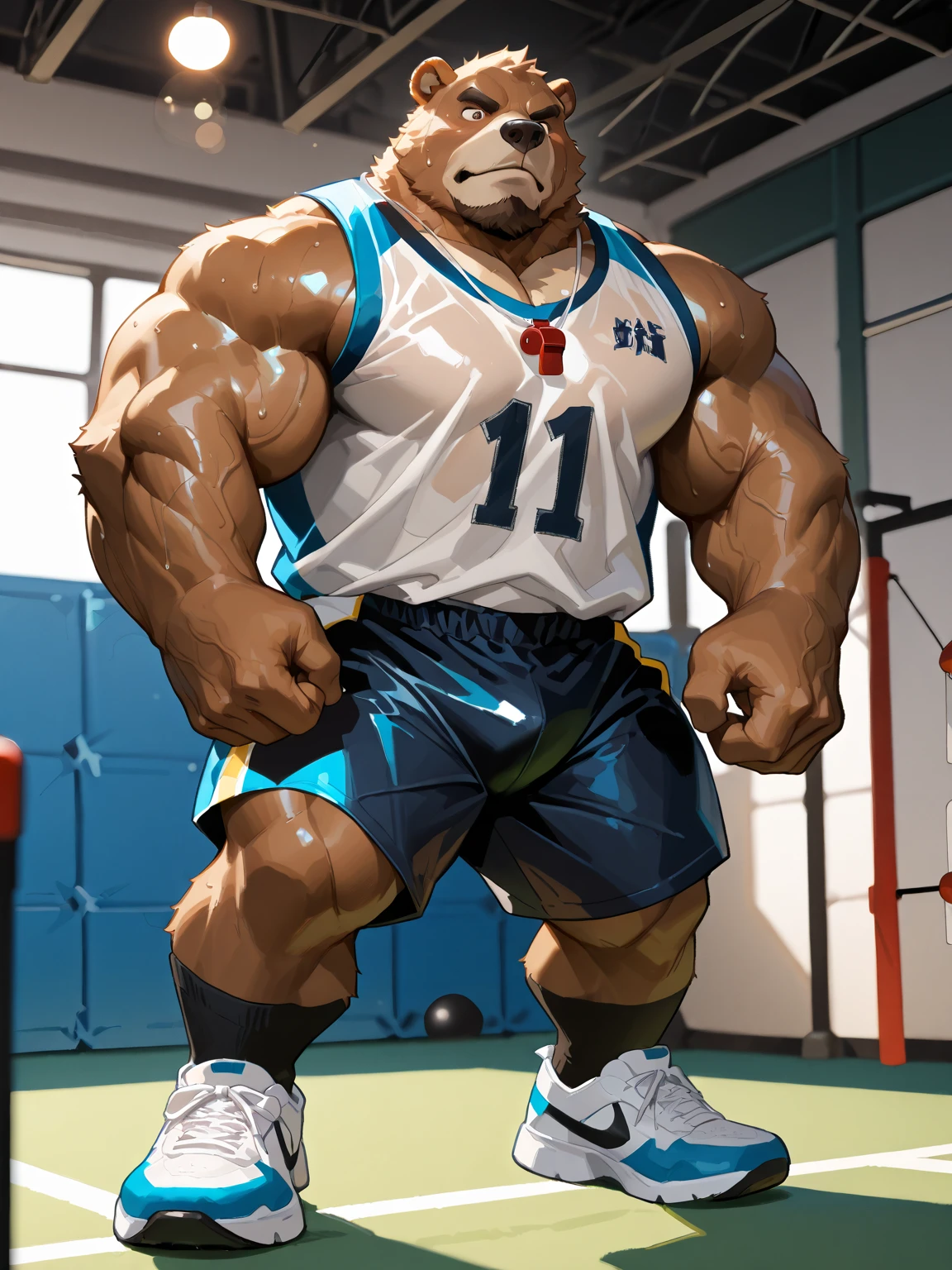 solo, 1boy, perfect anatomy, perfect proportion, smile, grinning, happy. Huge Muscular Old bear wearing basketball jersey ,(white shorts), view from side, pectoral, thick fur arms, huge hairy pectoral, wide pectoral, short white hair, red beard and hair, simple background, masterpiece, semirealistic:1.2, high detailed, 8k, high resolution, perfect center, full view. ((really big muscle, massive muscular, sixpack, thick arms, wide pectoral, super huge muscle, hyper muscular, over sized muscle, huge arms, big arms, huge pectoral))