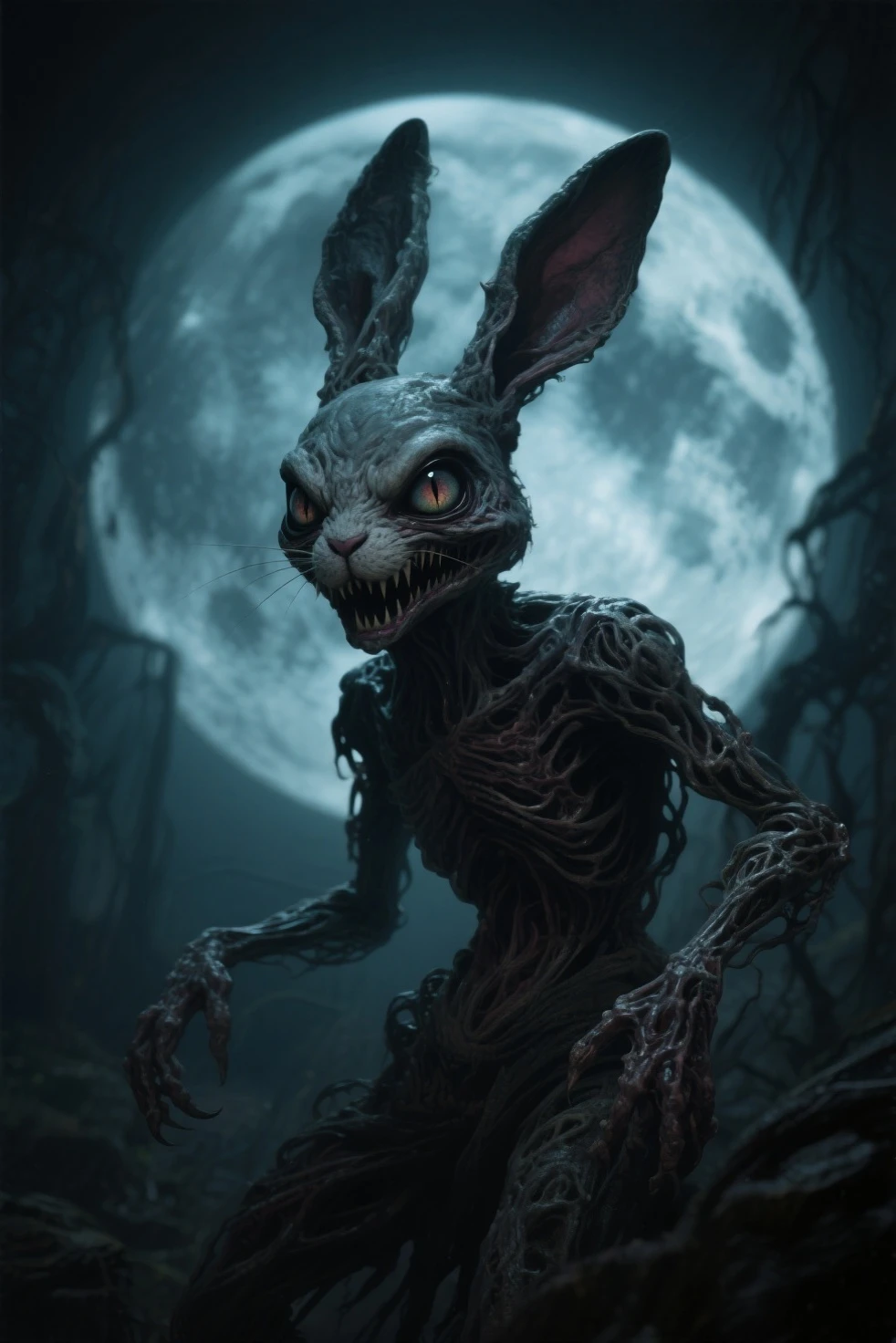 (best quality,4k,8k,highres,masterpiece:1.2),ultra-detailed, Portrait of a creepy rabbit, dark and creepy face,, dark and sinister environment, volumetric lighting, Horror environment
