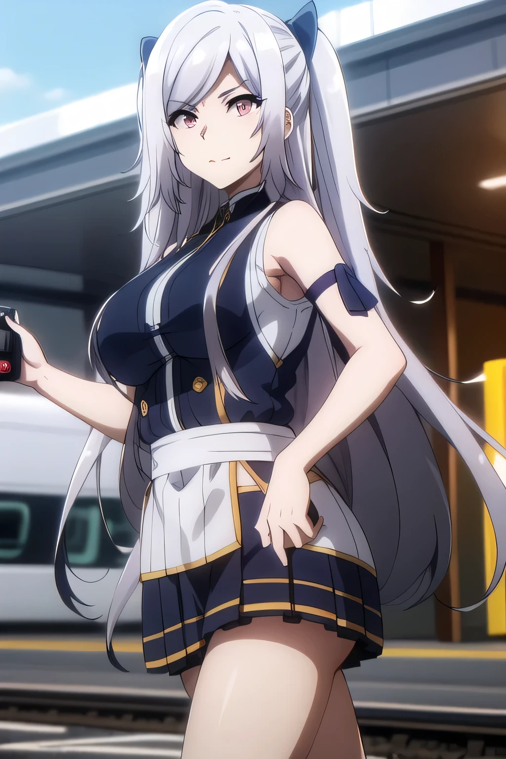 こちらを向いて微笑んでいるnice smileの女性は描けますか, Military uniform ,silver hair,Twin tail hair,nice smile,Big breastsでもウエストが細い,mini skirt,The face is very important,Can you draw a woman staring at a train,Please draw a picture of a woman waiting in front of a car,東京の地下鉄ホームでwaiting for the train女性は描けますか, ,congestion,waiting for the train,Fun,Underground railway stations ,The sign hanging on the wall,{{X}},describe her more delicate look,walking alone, city tour ,,(((I'm wearing casual clothes inspired by tourists))), I have a SLR camera ,(Let's draw a more delicate look),(sleeveless wool sweater),( Pleated Legs,white panties),(That work is enough for one person {X} Can you strike a perfect balance to curb destruction)、 That's enough,frowning。unless the job requires it。 {X}、 , An attractive 40-year-old woman takes off her uniform、jump off, big black wavy hair, , Big breasts, Thin Waist , , ,Faces are very important,