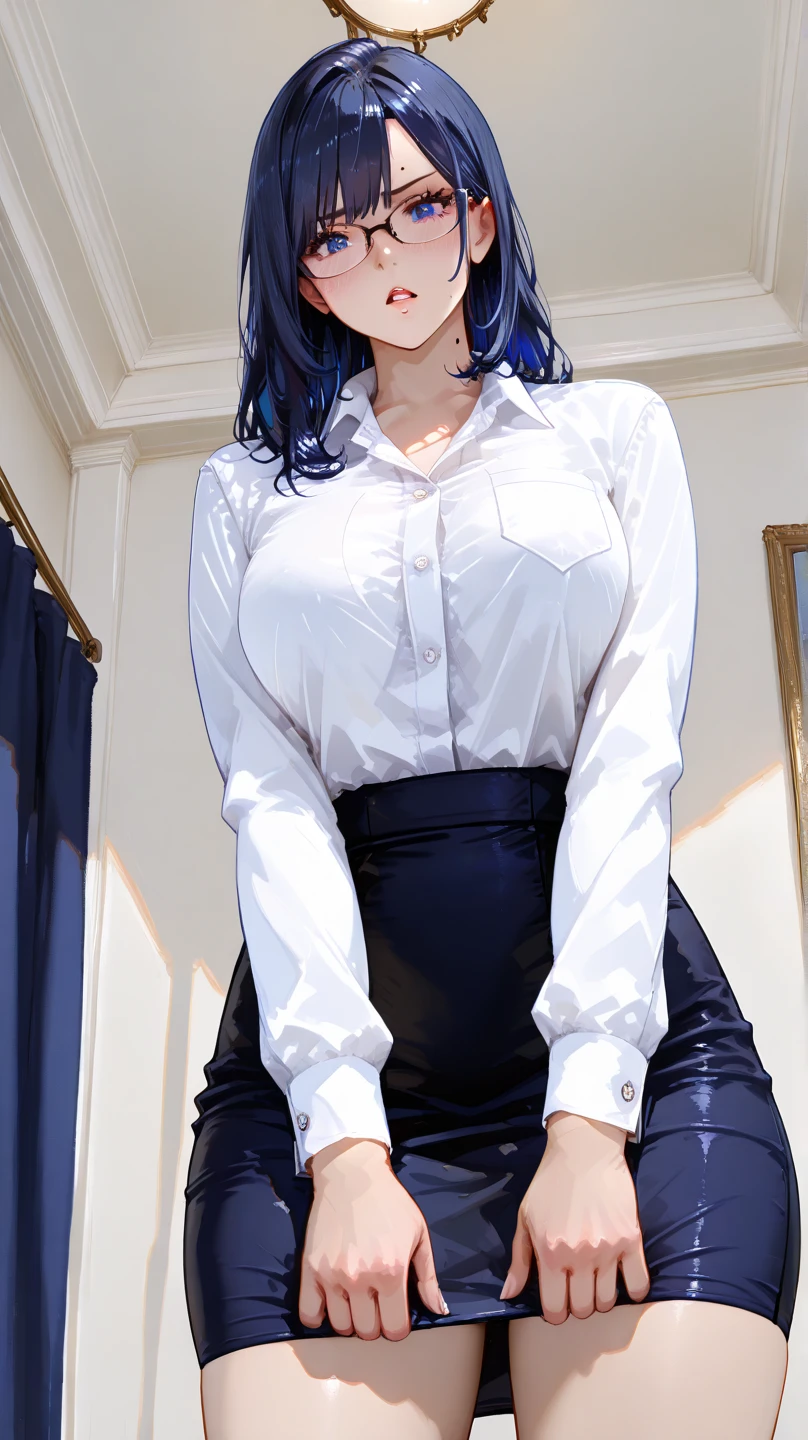 ((masterpiece)), (best quality), (detailed), (1girl), blue hair, blue eyes, updo, white shirt, black dress, looking down on the audience