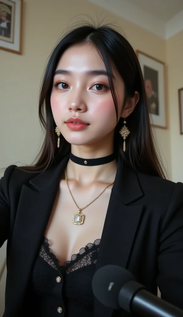 one girls:1.5、Cute baby face、Japanese、14 years old,Brown hair、parfect anatomy、Red Eye Shadow、red lipsticks、slightly pink cheeks、de pele branca、ash blonde、Black Dress、Eight-headed body、small tits、Unique hairstyle、a choker、top-quality、ultra-detailliert、High quality detailing、portlate、masterpies