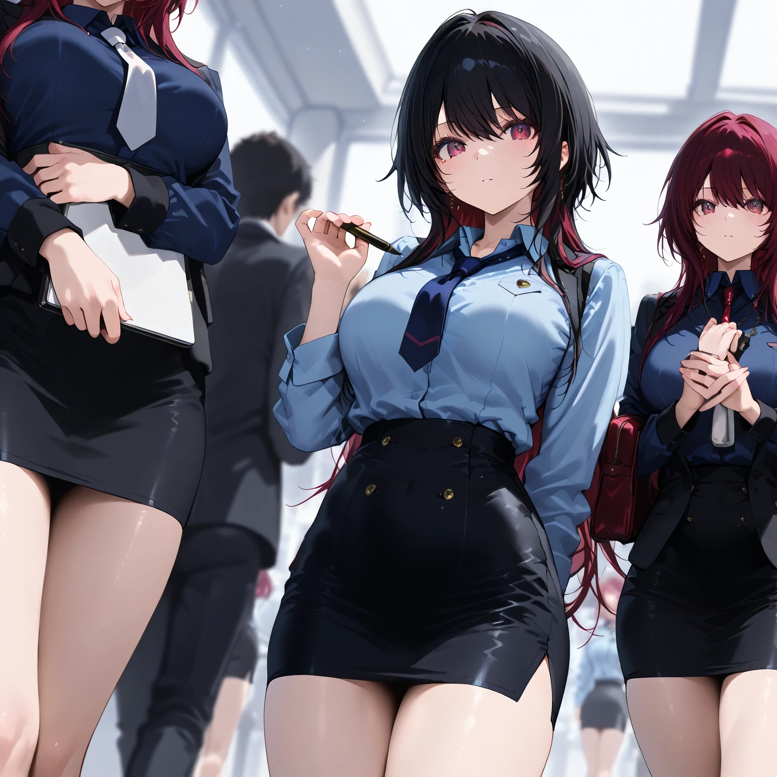Three woman in skirts and t-shirts looking at viewer standing, tall, slim, beautiful, 8k, ((masterpiece)),((expressive eyes)), ((inside party buss)), flashing lights, booze, partying,