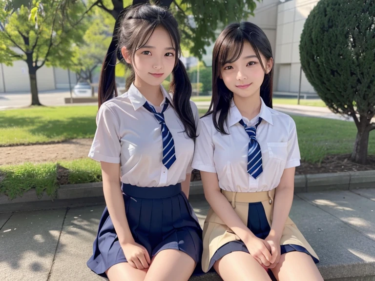 (Two elementary school students)、Young face、White buttoned and collared shirt、mini skirt、(Looking at me with a smile)、Female in her early s、Big Breasts、A sleeveless shirt that accentuates the shape of the breasts、classroom、Angle from below、(Nobody background)、Not wearing a bra、Her skirt is flipped up and her pussy is visible.、(Underboob)、(Exposing her belly)、(whole body)、Braid、Showing her side、See-through