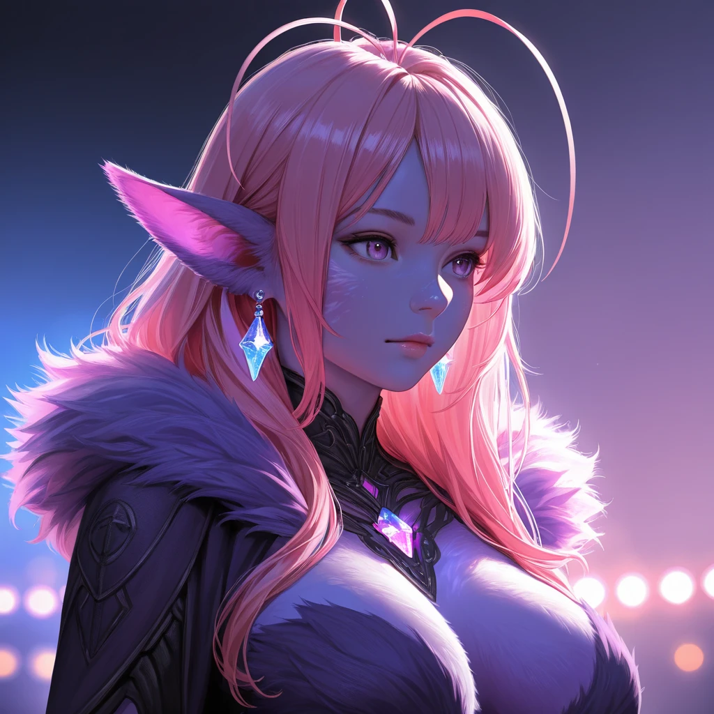 seraphine1, league of legends, nsfw, pink hair, queen, big boobs, cleavage, digital illustration, vibrant colors, soft lighting, perfect face, absurdres, ultrasharp, 8K, long hair, hime cut, samuri, ninja, katana, half mask, glowing effects, slashing pose, sword pose, fluffy ears