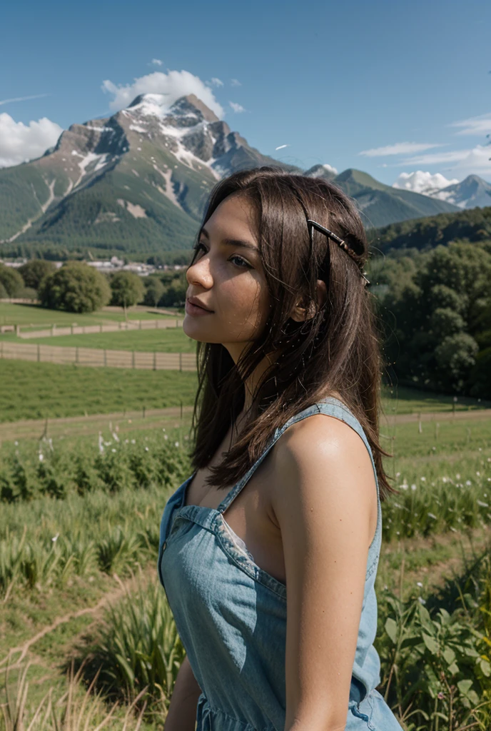 LaGermania enjoys a picturesque hike in the Swiss High Alps, near a stunning turquoise glacier lake surrounded by rugged granite mountains. The sun shines brightly, casting sharp shadows on the rocky terrain and illuminating the vibrant alpine vegetation of bushes and trees.

She wears a light, breathable lace dress that flutters in the mountain breeze, paired with sturdy hiking boots suitable for the rugged terrain. Her blonde hair is tied back in a ponytail, and a wide-brimmed hat shades her face from the intense alpine sun. LaGermania carries a small backpack with essentials for the hike, including a water bottle and a camera to capture the breathtaking scenery.

As she hikes up a gravel pathway, she turns towards the viewer with a joyful smile, leaning forward to give a playful kiss. In the background, a serene valley stretches out below, dotted with wildflowers and crisscrossed by a sparkling creek. Weathered fence posts with rusted barbed wire add a rustic touch to the scene, blending with the natural beauty of the surroundings.

High alpine goats and cows graze peacefully nearby, their bells softly chiming in the crisp mountain air. The distant haze adds depth to the panoramic view of snow-capped peaks towering majestically in the distance.

The overall atmosphere is one of tranquility and adventure, with LaGermania's playful gesture and radiant smile capturing the joy of exploring the Swiss High Alps. The combination of rugged mountains, turquoise glacier lake, and vibrant alpine meadows creates a scene of natural beauty and serenity, making this hike a memorable experience in the heart of the mountains.
