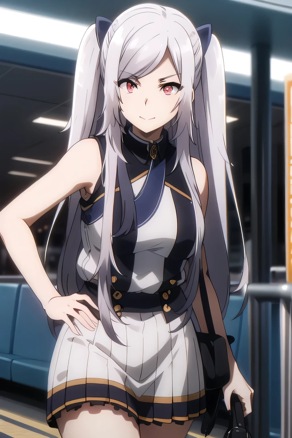 こちらを向いて微笑んでいるnice smileの女性は描けますか, Military uniform ,silver hair,Twin tail hair,nice smile,Big breastsでもウエストが細い,mini skirt,The face is very important,Can you draw a woman staring at a train,Please draw a picture of a woman waiting in front of a car,東京の地下鉄ホームでwaiting for the train女性は描けますか, ,congestion,waiting for the train,Fun,Underground railway stations ,The sign hanging on the wall,{{X}},Express a more delicate appearance,walking alone, city tour ,,(((I'm wearing casual clothes inspired by a tourist))), I have a SLR camera ,(Let's draw a more delicate look),(sleeveless wool sweater),( Pleated Legs,white panties),(That work is enough for one person {X} can you strike the perfect balance to suppress destruction)、 That's enough,grimace。unless the job requires it。 {X}、 , An attractive 40-year-old woman takes off her uniform、jump off, big black wavy hair, , Big breasts, Thin Waist , , ,Faces are very important,