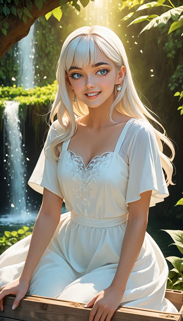 (obra maestra) (La mejor calidad) A beautiful young woman in a light-colored summer dress with small embroidered details holds a bouquet of wildflowers. She is smiling very sweetly, tiene hermosos ojos verdes, tiene su cabello rubio tirado hacia un lado. She's on the porch of her cabin. (pechos grandes) ((only one woman))