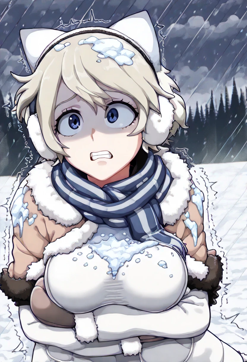 1girl, nsfw, houjousatoko, blonde hair, short hair, hairband, Purple eyes, empty eyes , large breasts, nipple, Running, Heavy snowfall area, frozen, (Sweating profusely, Love juice, Wet Woman, female ejaculation), crying, mountain, Alone, crying, Naked, solo, 1girl, amusement park , Peeing, lactation, projectile lactation