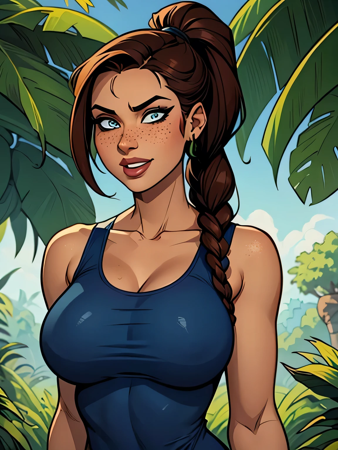 (best quality,4k,8k,highres,masterpiece:1.2),ultra-detailed,(realistic,photorealistic,photo-realistic:1.37),HDR,UHD, ((misty)), character, studio lighting,ultra-fine painting,sharp focus,physically-based rendering,extreme detail description,professional,(orange hair), (gigantic breasts), side short ponytail, ((red suspenders)), ((yellow tank top)), short blue shorts, vivid colors,bokeh,portraits,soft colors,warm lighting,glowing skin,delicate features,expressive eyes,sensual lips,flawless complexion,subtle makeup,feminine posture,ethereal atmosphere,dreamy summer vibes,golden hour lighting,flowing dress,gentle breeze,warm sunlight,playful smile,graceful movement,seamless integration between subject and background,subtle texture,filmic aesthetic,romantic mood,elaborate hairstyles,graceful gestures,curve-hugging outfit,vibrant color palette,soft focus,romantic ambiance,lush greenery,stone architecture,beautifully adorned columns,timeless setting.