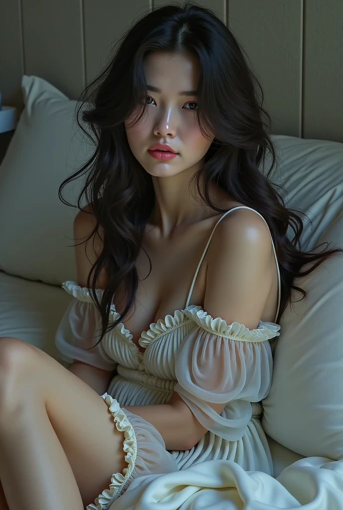 (photorealistic:1.4), (best quality:1.0), (ultra highres:1.0), 8k, RAW photo, (masterpiece:0.2), portrait, face, Beautiful and cute woman with white and smooth skin, red cheeks and adorable, graceful, Sleepwear, is in the room bedroom.
