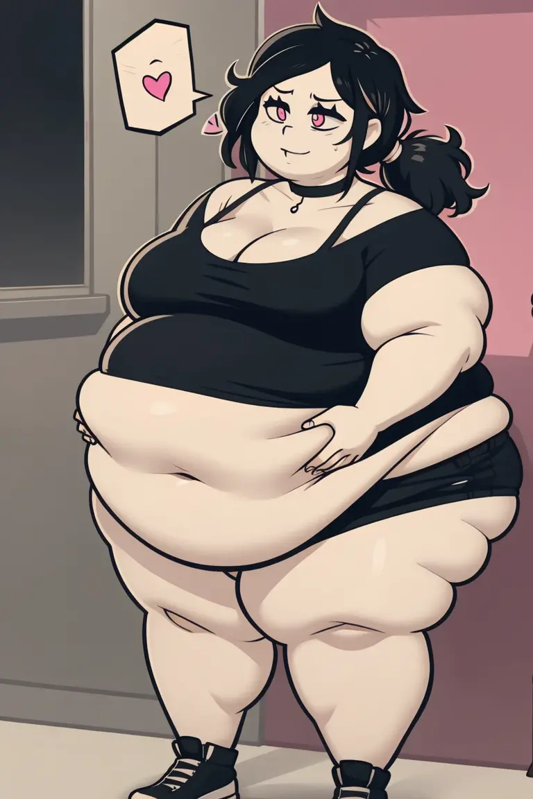 Morbidly obese, full body(Bloated belly:1.1)highres, ashleygraves, 1girl, solo, wide open eyes, pink eyes, low ponytail, white outline, monochrome, choker, indoors, smile, looking at viewer, <3, full body, one hand, spoken heart, zoomed out, Round face, double chin, fat chin, fat cheeks, fat neck, round face, SSBBW, flabby arms, round face, double chin, fat double chin, big double chin, fat neck, chubby cheeks, fat thighs, fat calves, morbidly obese, flabby , giant , large belly, obese, fat face, belly, double chin, obesity, flabby breasts, fat arms and legs, fat everything,