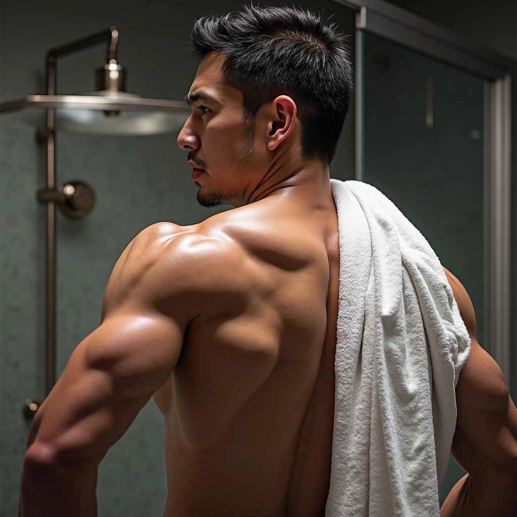 asian man, close under the shower, hairless, Unclothed