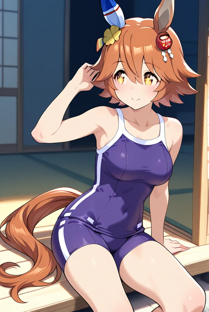 masterpiece, best quality, detailed, highly detailed, ultra detailed, extremely detailed CG, high resolution, 4K, 1girl, solo, aston machan \(umamusume\), horse tail, horse ears, big breasts, standing, from below, school swimsuits, wet, cameltoe,