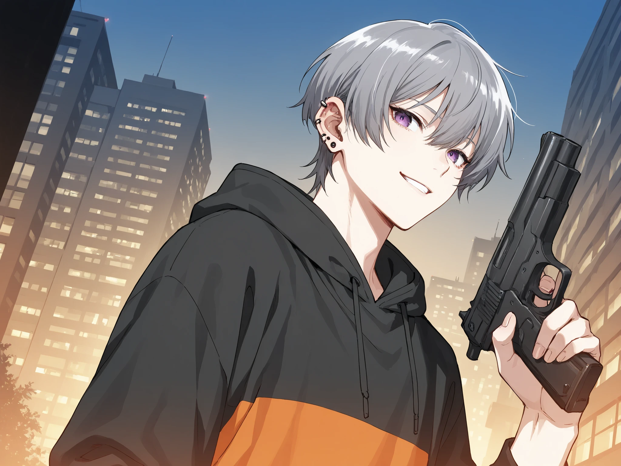short hair Beautiful Boy gray hair Piercing in left ear No black hoodie illustration The orange line on the hood black pants orange line has a huge black gun purple eyes Smiling In front of the building short bangs