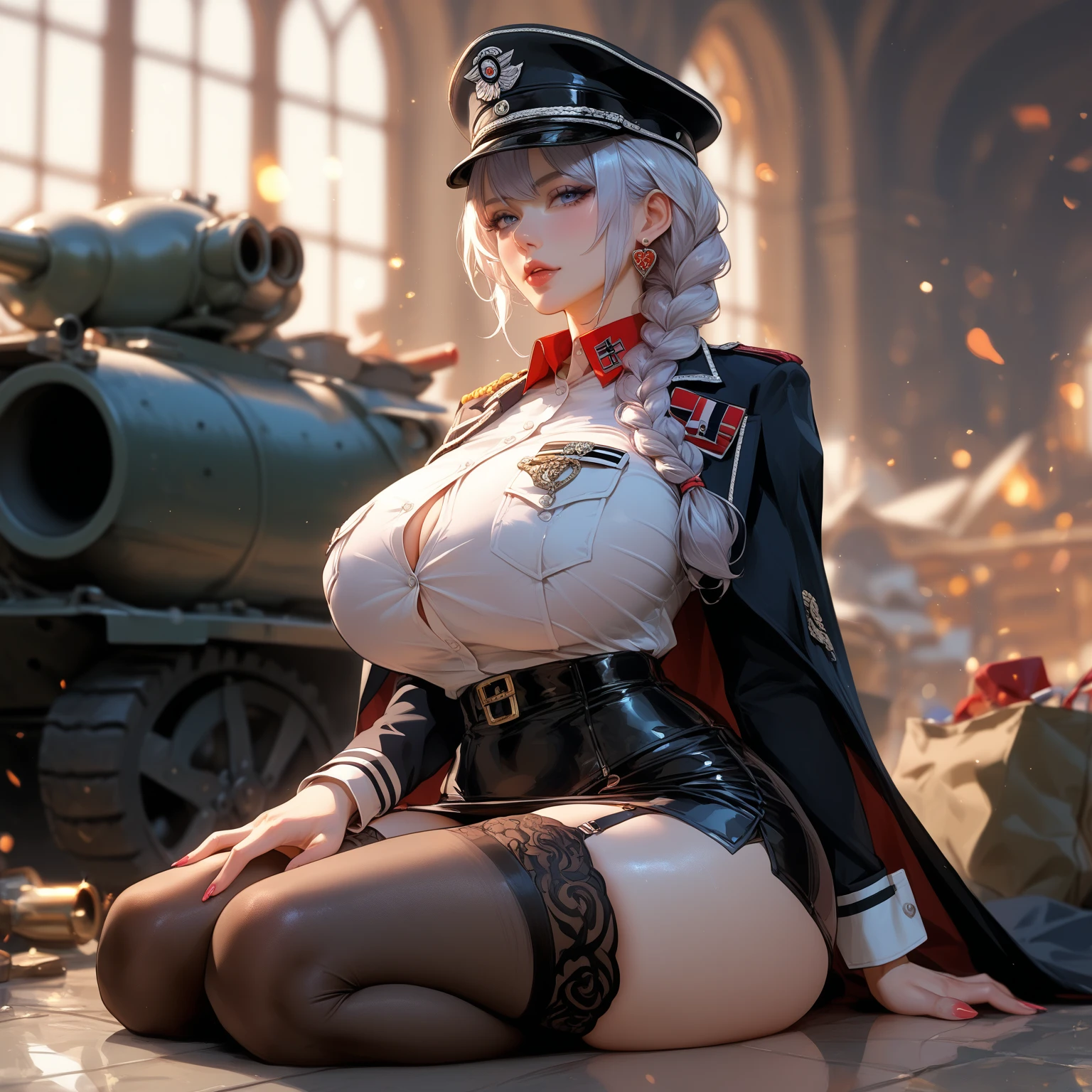injured soldier, painful grimace, lying, in front of tank, short hair, blonde hair, bandages, blood splatter, uniform, tight clothes, torn clothes, cleavage, navel,
masterpiece, best quality, highly detailed, detailed face, 1girl, solo,
absurdres, volumetric lighting, snowing,
<lora:dieselpunkai_9MB:0.5> dieselpunkai,