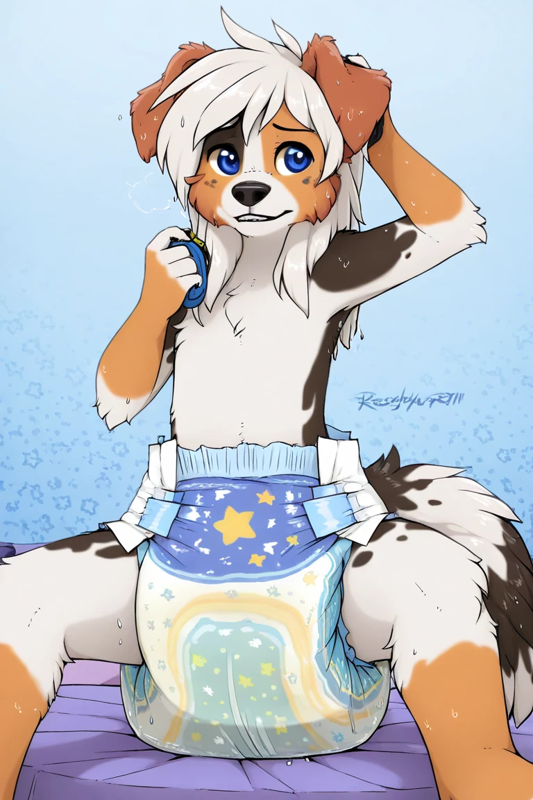 Anthropomorphic male canine, twirl tail, fullbody view, solo, digital art, different views, wearing long socks with white stripes and a messy diaper, from behind, full diaper, messing diaper, pooping diaper