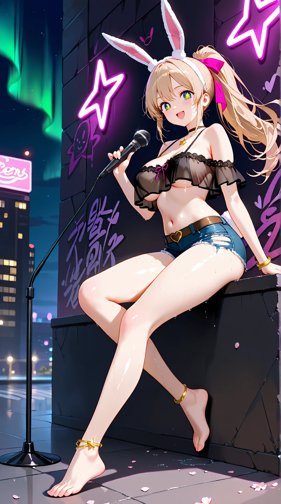 masterpiece, highest quality, View Viewer, look up, From above, Kiss the viewer, night, Concert Venues, , Exposing shoulders, Open your mouth,Rapper,microphone,Low-rise string shorts,short hair,one person,sing,Singing passionately