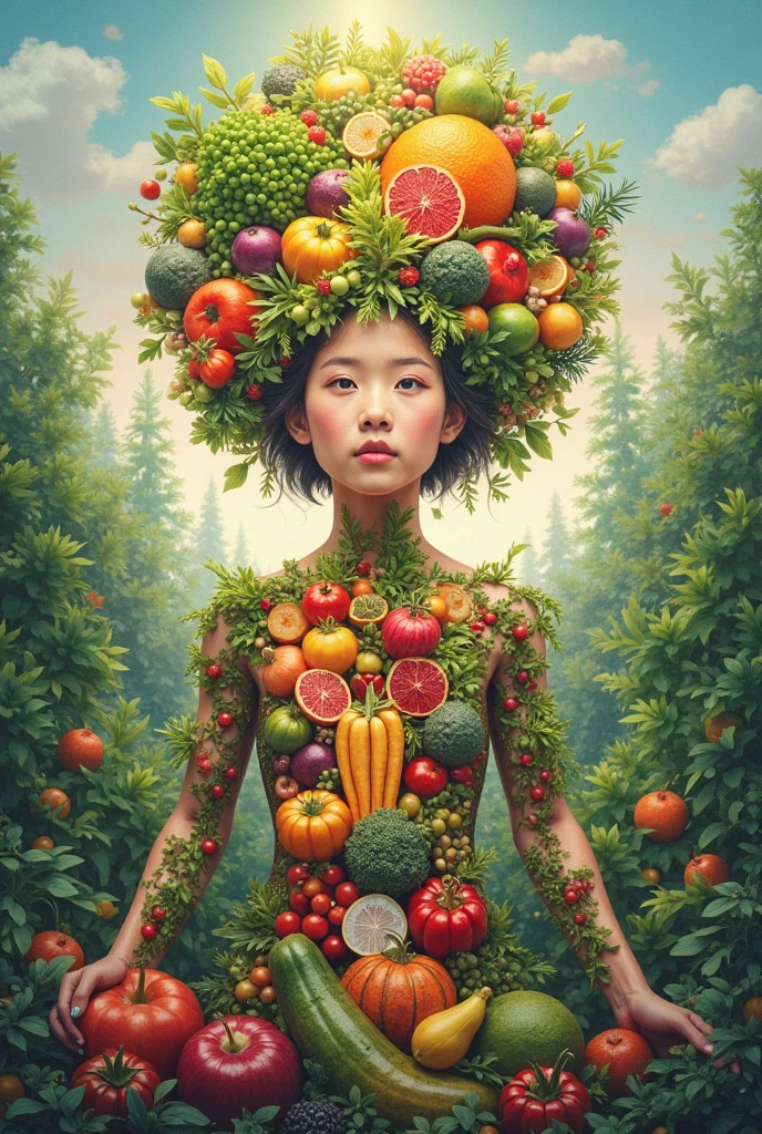 Arcimboldo-style painting, the upper body of a Japanese girl, , formed from a collection of vegetables, smiling