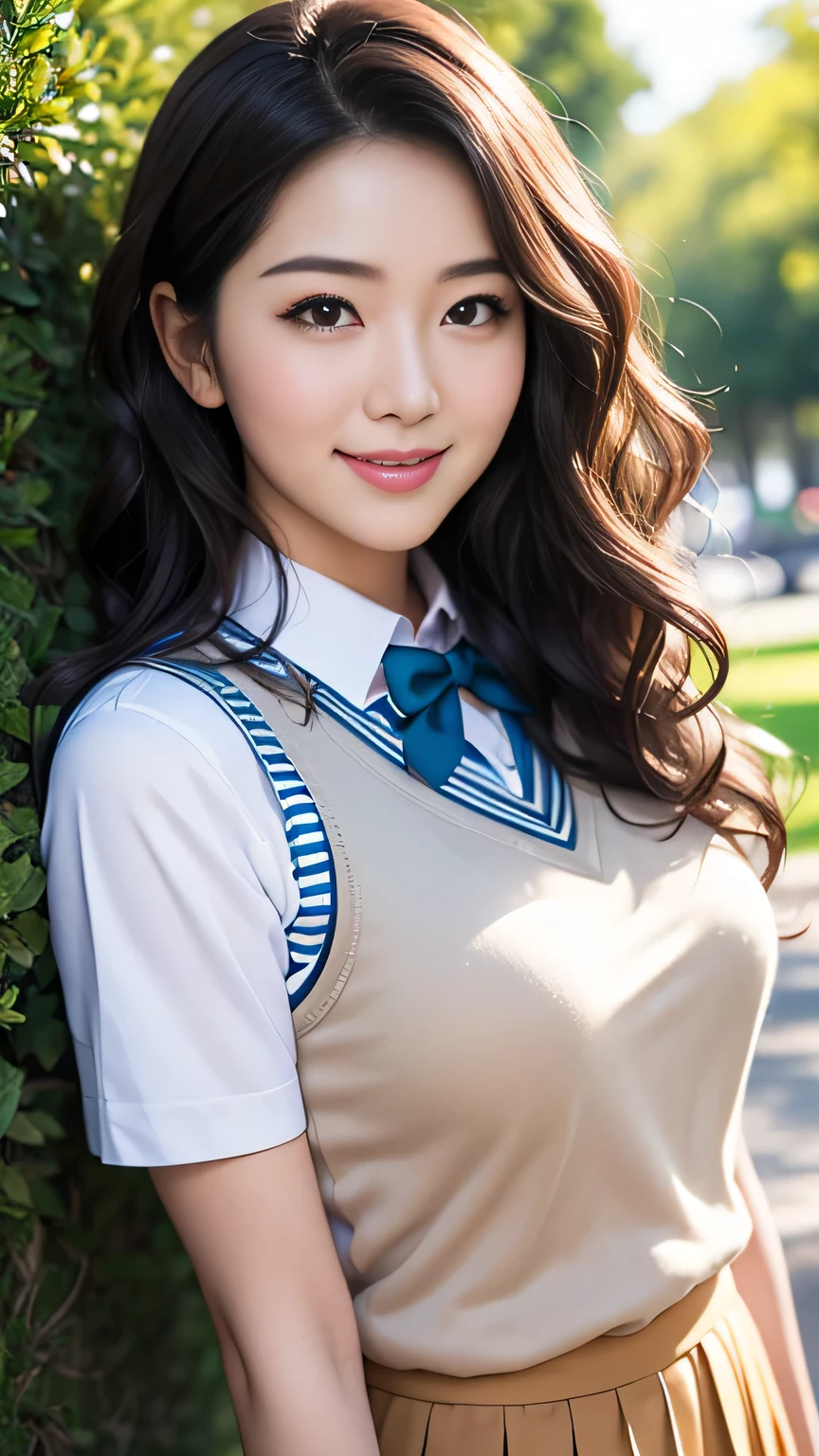 School uniform,pantyhose,Cute,mature youngster,Super,Full body,nice perfect face with soft skin perfect face,gorgeous long wavy brown-haired,8K resolution,Ultra-realistic,Ultra-detailed,hightquality,huge-breasted:1.7),Emphasizes cleavage,