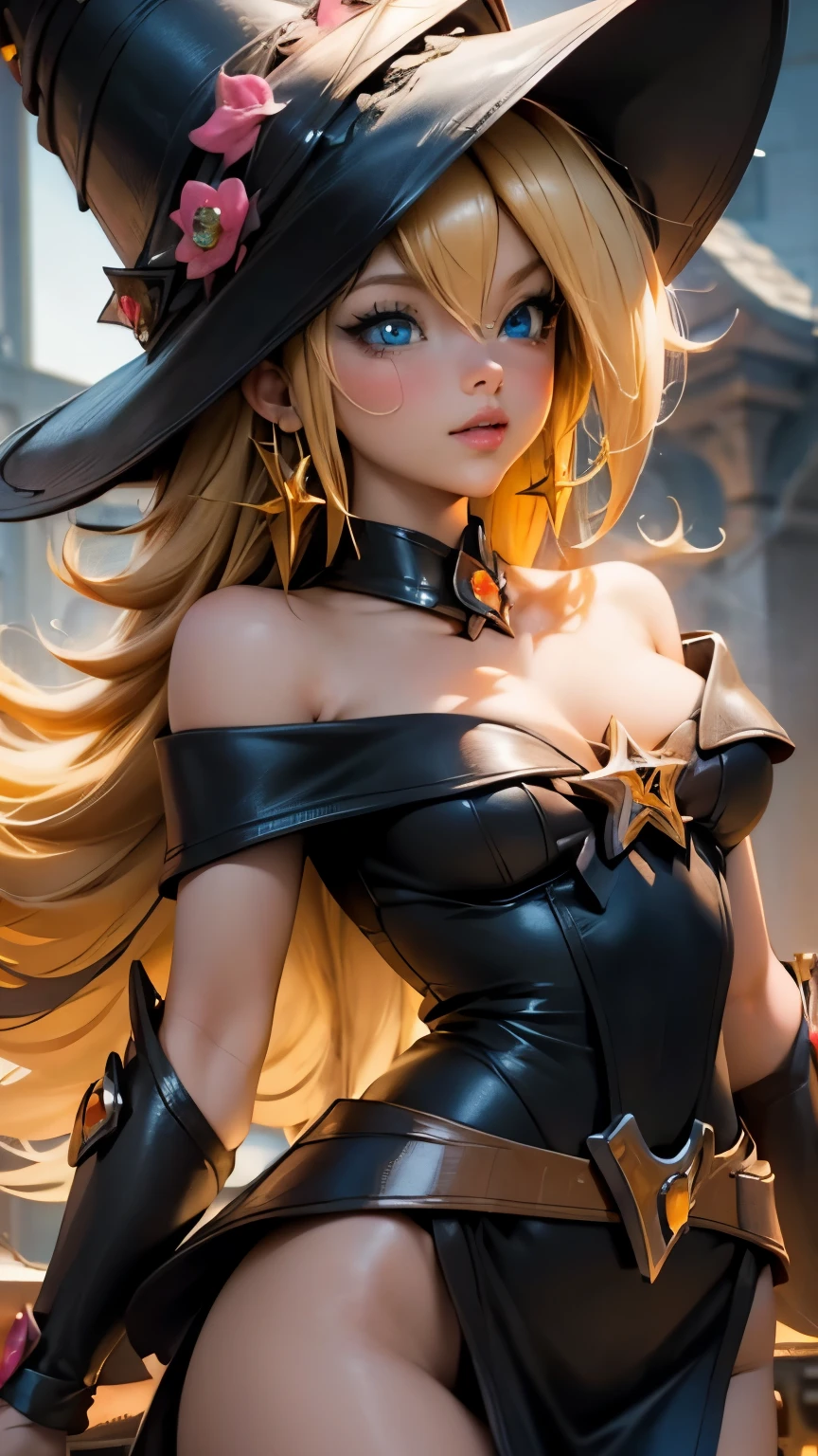 ((picture-perfect)), ((face perfect)), ((ultra detaild)), ((fully body)), ((perfectbody)), uma garota blonde de cabelos curtos e olhos verdes usando uma de bruxa em meio a uma cidade destruída em chamas, witch girl, blonde, blue colored eyes, sensuous, witch dress, witch&#39;s hat, fire, epic