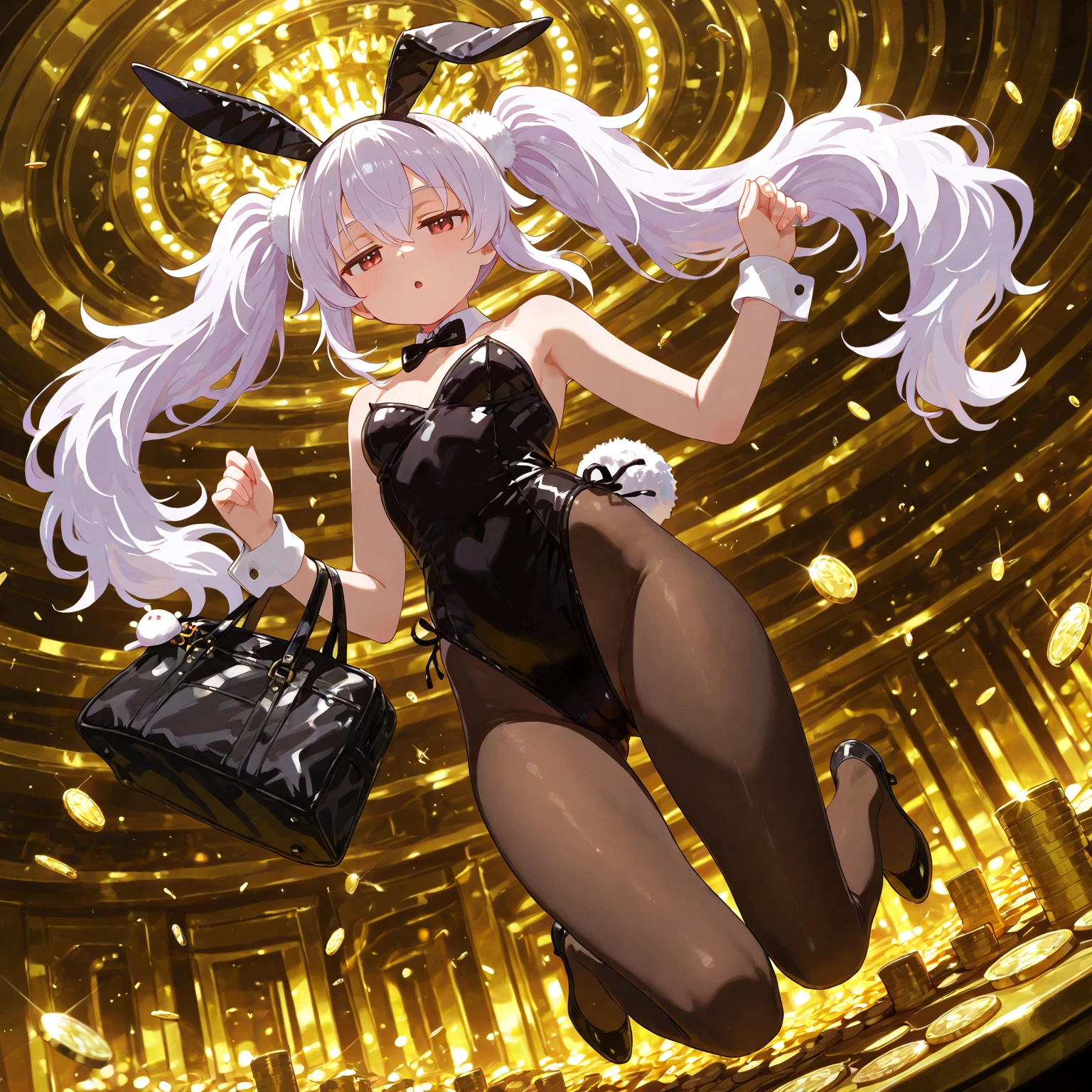 1girl, rabbit ears, animal earunny, long hair, fishnets, pantyhose, leotard, detached collar, rabbit tail, pole, tail, wrist cuffs, strapless leotard, solo, white leotard, smile, money, necktie, very long hair, fishnet pantyhose, bangs, strapless, short necktie, medium breasts, yellow eyes, open mouth, spotlight,huge breasts,mature female,shiny,shiny skin,blanc \(nikke\)