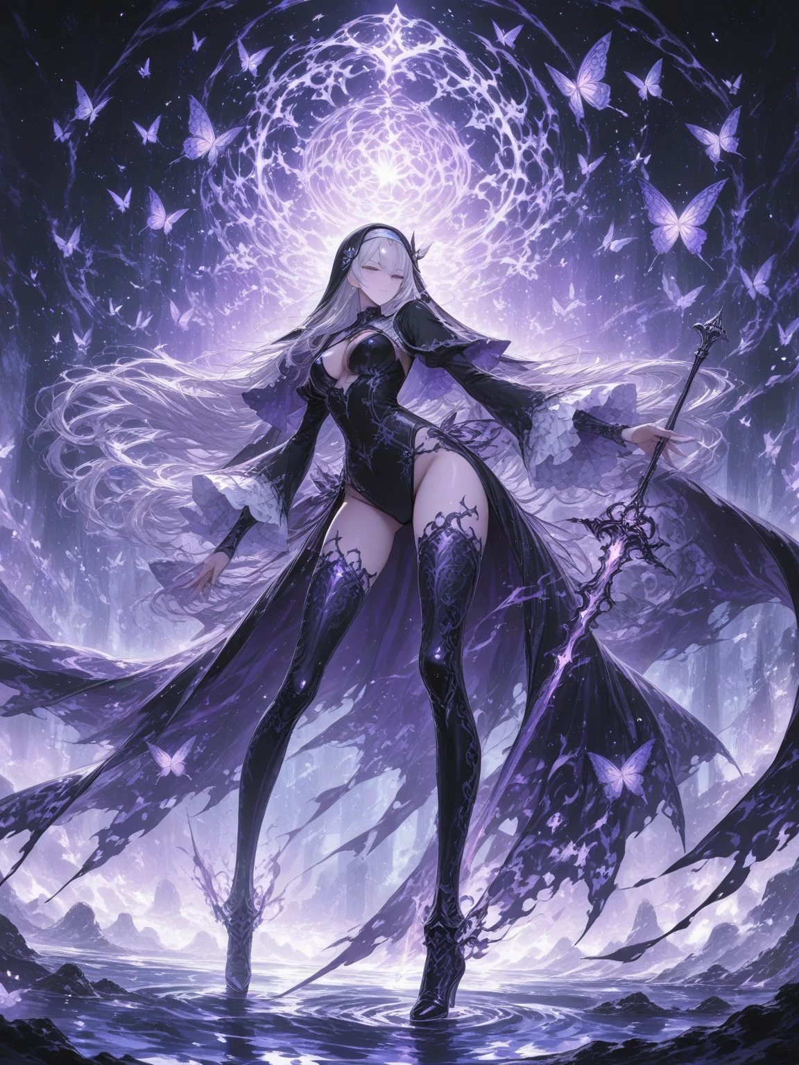Create an image of a witch queen wearing a black dress with purple patterns and holding a staff.