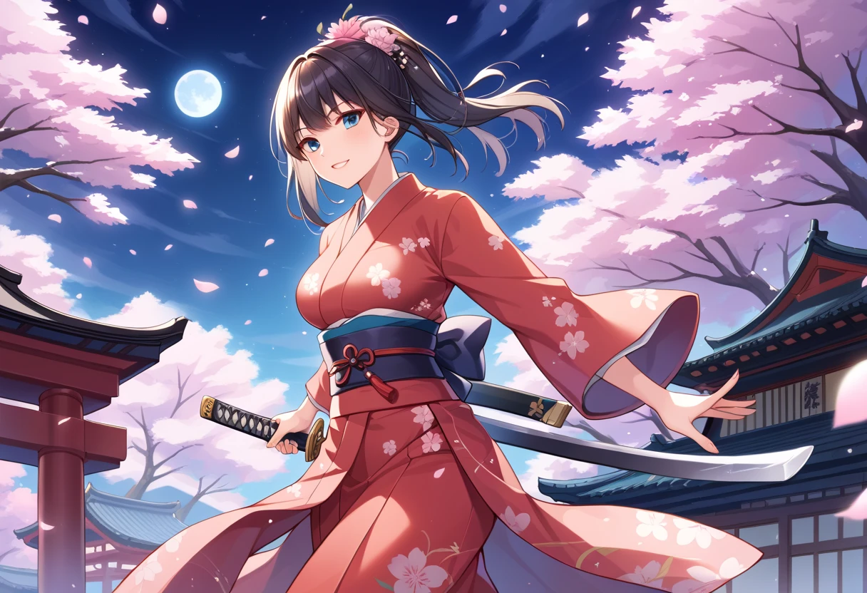 4K, Highest quality, Fleet Collection,Ruifeng,Sailor suit,Holding a Japanese sword,ponytail,A night of falling cherry blossoms,