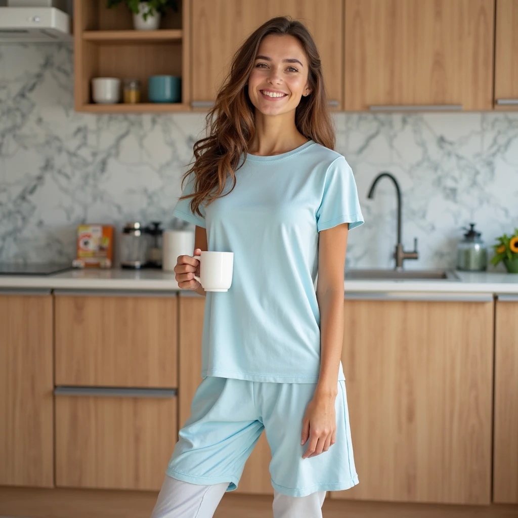 A woman standing biside bed , having short and sweet smile on face, holding a glass of water,looking fresh, wearing her pyjamas and tshirt, soothing light coming from window, realistic , real, hyper-realistic, cinematic, normal posture.