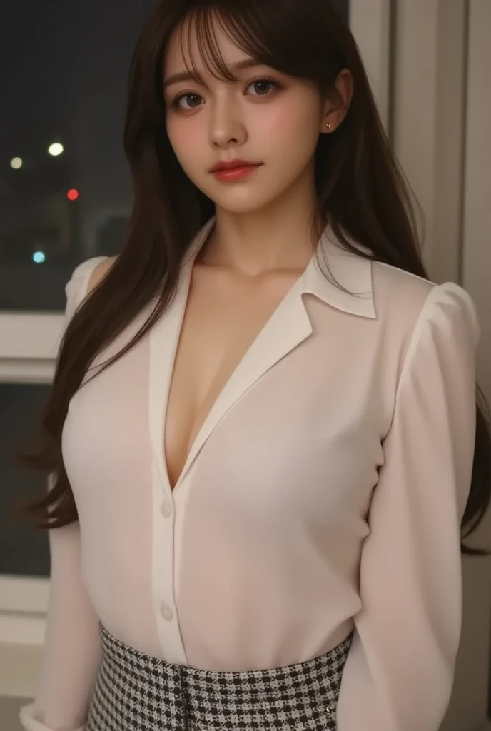 absurdres, RAW photo, extremely delicate and beautiful, masterpiece, Best Quality, ultra high resolution, 32k, hyperrealistic, ultra-detailed, perfect figure, Perfect Style, Perfect balance, in her 20s, very small head, very small face, delicate facial features, tearful mole, earring, very huge breasts, full body shot, medium hair, black hair, (business suit), open jacket, (blouse:1.2), short skirt,
