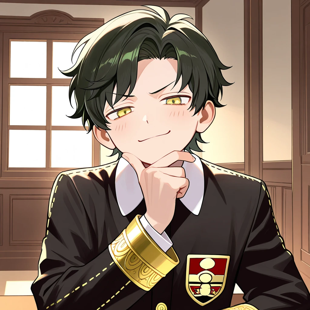 A boy with brown eyes and brown hair, with a golden crown, A little blood runs down his forehead as he smiles, with slytherin clothes in anime mode