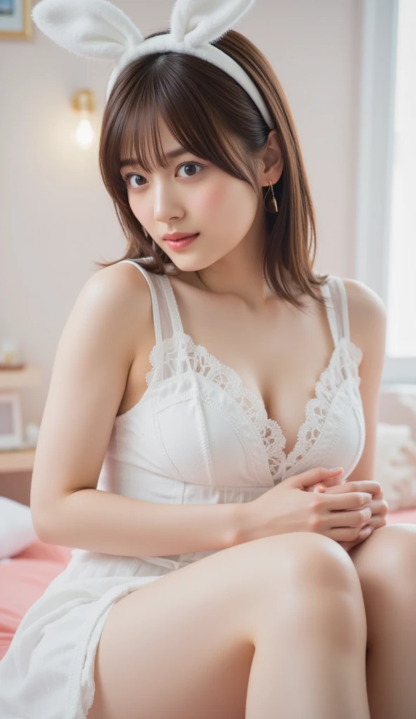 ((highest quality, 8k, masterpiece: 1.3)), Perfect body beauty: 1.4, (Highlight Haircut, Breast A cup:1.2), Small breasts, Round shaped breasts, Perfectly shaped breasts, (((loose sheer shirt))), (good, ), Simple Necklace, Highly detailed face, Beautiful woman, (Dark brown shortcuts), Slim face, Highly detailed face and skin texture, Highly detailed lips, Spread your legs, highest quality, masterpiece, 超A high resolution, (Realistic:1.4), Open your arms, Long Shot,

((Beautiful female announcer:1.2)),
((White satin oversized long sleeve blouse, Pink tight bottoms, I can see your beautiful thighs:1.2)),
((Gorgeous Earrings, Silver Necklace)),

((Luxury Resort Hotel, Bright room, White wall, Foliage plant:1.2)),
((Open the glass window, Sit upright on a white bed:1.5)),
((Sexy atmosphere, Gaze seducing a man, hold out your lips:1.2)),
((Seducing men by touching their breasts and groin, Lift your hips, Focus on the inner thighs:1.2)),

((Lift your face a little)),
((Squint your eyes)), 
((Pursing your lips:1.2)),
((Blushing:1.2)),
((open your mouth slightly to show your white teeth,, stick out your tongue a little)), 
((Body facing forward)), 
((The cleavage is fluffy)), 
((Flat Chest, Beautiful breasts)),

Realistic skin texture, Fair skin, Shiny skin, Beautiful skin on legs, Beautiful legs, 
Highly detailed face, Slim face contour, Beautiful small face, Beautiful Nose, 
Very fine eye, Long, narrow eyes, Brown eyes, double eyelid, Extremely fine eyebrows, thin, Long eyelashes, 
Ultra-detailed lips, Plump and moisturized lips, Glossy pink lips, Blushed, 
Beautiful actress&#39;Dull makeup, Pink lipstick, smokey eye shadow, Eye Foundation, 
Dark brown hair, Delicate and soft hair, Hair blowing in the wind, 
(Elegantly putting your hair up, Medium Short Hair, ponytail:1.2), 
Layered Cut, (Blunt bangs:1.2), 
mouth half open, Dreamy look, ((Staring at the audience)),
(((Photorealism,Shooting the whole body from the thighs:1.2))), ((Body facing sideways)),
Dynamic Lighting,

