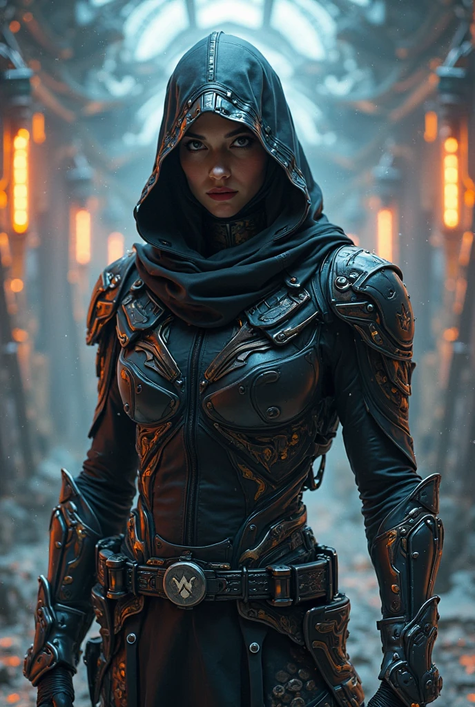 sci-fi, space rogue thief girl, (smirk:1.1), short hair, black hood, light armor, big grey eyes, beautiful detailed eyes, face mask, drawn by Greg Rutkowski, Yoji Shinkawa:0.6