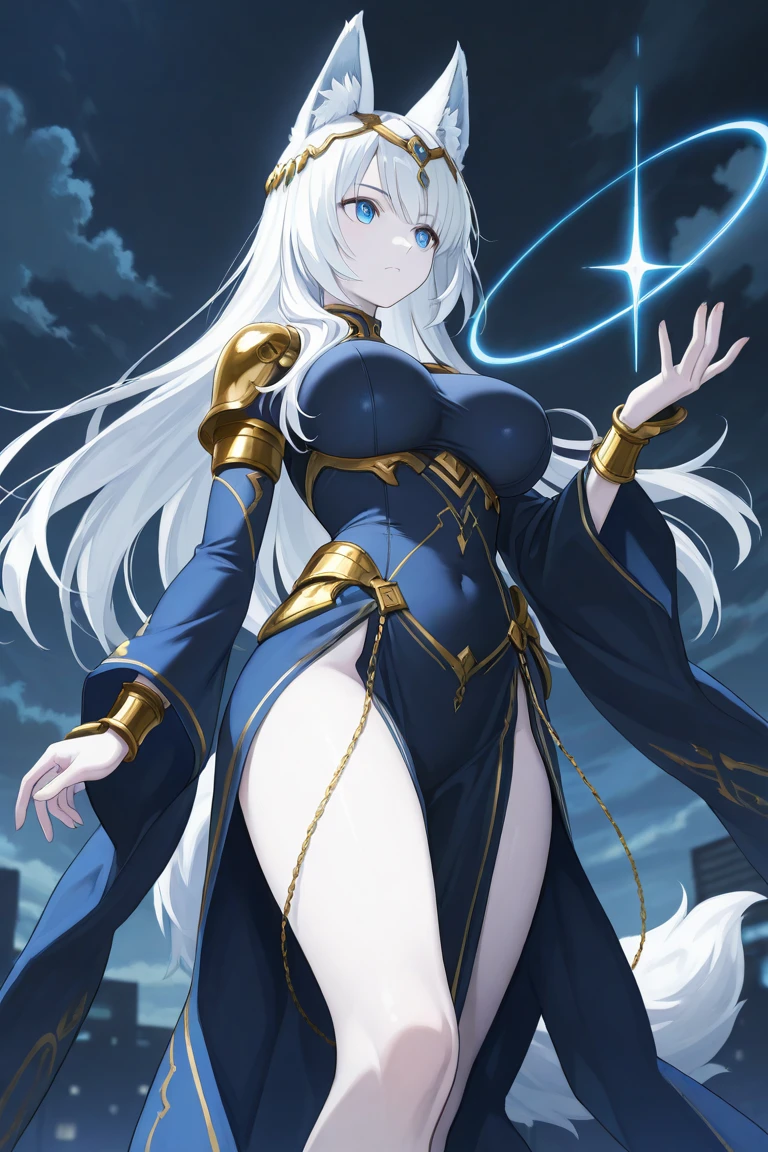 adult elf woman, White skin, Long loose blonde hair, blue eyes, She wears an elegant white dress with a little cleavage but not too revealing, calm look and expression, good figure