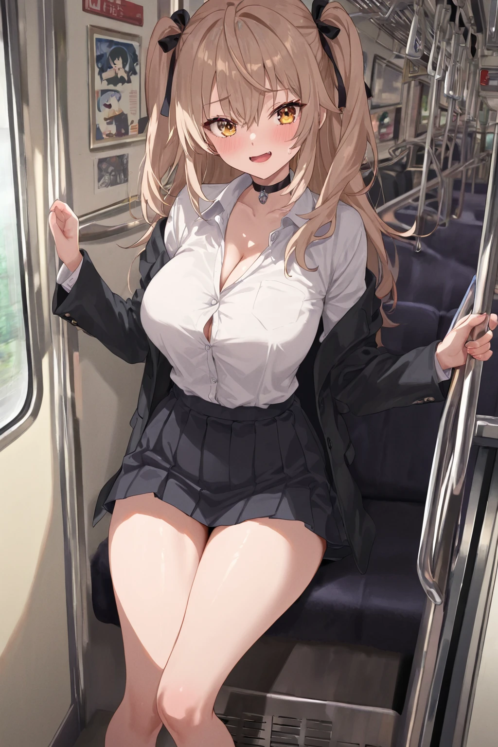 (Very detailed CG Unity 8k wallpaper),(masterpiece), (Highest quality), (Super detailed), (Best illustrations),(Best Shadow), Very detailed,Large Breasts, One girl sitting,bangs,High school girls,Sleep,close your eyes,White panties,skirt,
Cowboy Shot,from the front
,(((Very detailed))),in the train, a young woman is Sleep contentedly. Through the gap between her legs and skirt, I can see her panties. As the vehicle rocks, Her calm expression and gentle breathing create a calming atmosphere.
,(((Very detailed)))