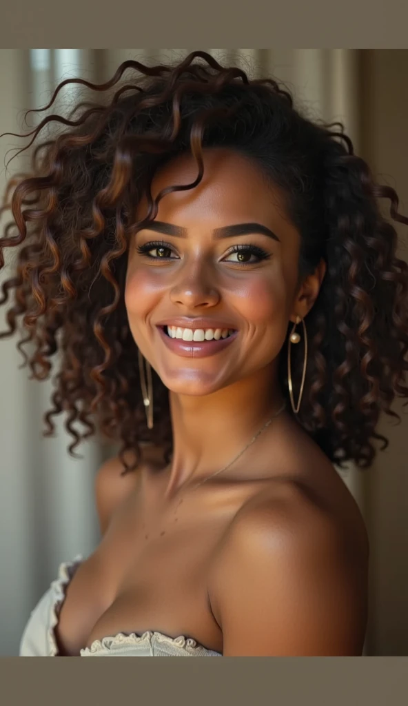 1, Caucasian skin, half mixed race, beautiful smile, curly brown hair with blonde ends, corpo sexy, Christian