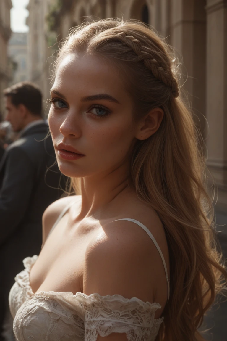 Create a realistic woman, 22 years old, Finland. with long blonde hair. intimidating eyes. full lips. small nose. highlighted cheekbone. mejía not so highlighted. Very prominent jaw. make it look real, to actress Lily James. away from the camera