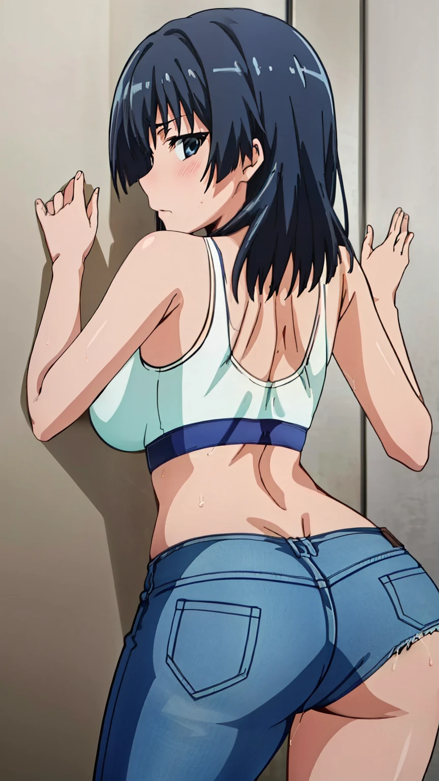 
 blue_hair,short_hair,purple_eyes,hair_ornament,
1 girl, 20yo,mature female,Beautiful long legs,Beautiful body,
NSFW, Back view, , big , without clothes, underwear, ass, big ass, ass, anus, anal, anal sex, after anal, cum in ass, cum on ass, cum on face