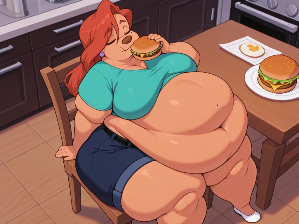 Christina Hendricks, masterpiece quality, (masterpiece quality:1.3), high res, realistic, lots of detail, alone, 1girl, (1girl:1.9), solo, in a busy restaurant, large buffet table in background, at a Golden Corral buffet, short hair, wearing choker collar, topless, naked breasts, (naked breasts:1.9), naked body, (naked body:1.9), bare legs, (bare legs:1.5), chubby body, obese belly, (obese belly:1.7), very obese belly, ssbbw, (ssbbw:1.7), ussbbw, immobile from fat, immobile fat body, gigantic breasts, (gigantic breasts:1.5), smiling, (smiling face:1.5), blushing, (blushing:1.4), lactating breasts, (lactating breasts:1.5),