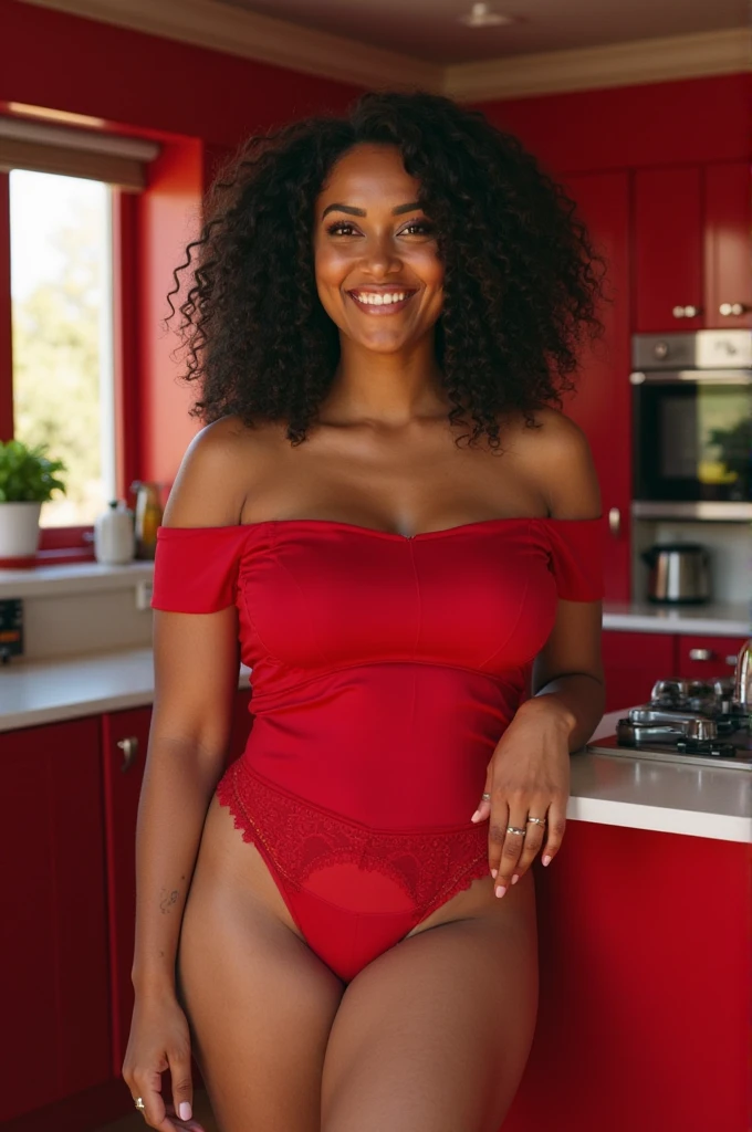 best quality, ultra-detailed, hyper realistic, 8k, full body shot, 23 years old, Nigerian beautiful girl, round shaped face, dark black skin, highly detailed skin with blemishes, ebony, dark natural afro hair, fit athletic figure, full body, big E cup breasts, wide hips, wearing sexy white night gown, smiling, provocative expression, sexy alluring pose, realistic shinny skin, in the kitchen