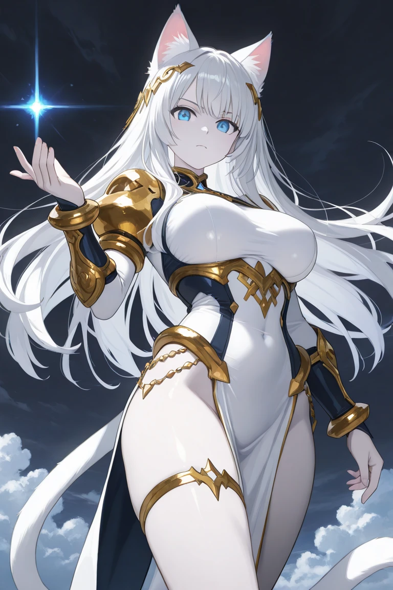 masterpiece,1girl,exquisite facial features,red eyes,star-shaped pupils,long hair,swept bangs,white hair,silver_hair,Hair rings,hair in takes,masterpiece,8k resolution,breast curtains, pelvic curtain, no panties,elbow gloves, bridal gauntlets, single thighhigh
