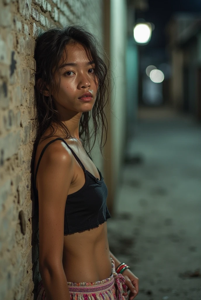 a Thai girl, flat chested, dusty face, messy hair., she was wet, wearing a torn and very dirty singlet, Not wearing pants, N, Standing in a dirty alley at night.