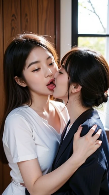 Two-dimensional girl enjoying flowers、huge-breasted、big round glasses、bbw,Large Thigh、Two girls、embracing each other、Deep kissing、the kiss、lesbian、red blush