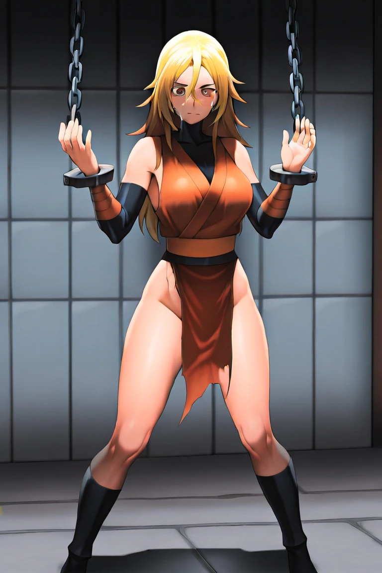 (masterpiece, best quality), intricate details, ahsoka (standing full body toe to head by wooden pole:1.2) iron collar, arms behind back, iron cuffs, shackles, bound, bondage outfit, harness, o-ring, bondage outfit blindfolded cover eyes, happy red cheeks, chain leash collar choker neck bell shackles wristbands bracers bracelets, cleave gag