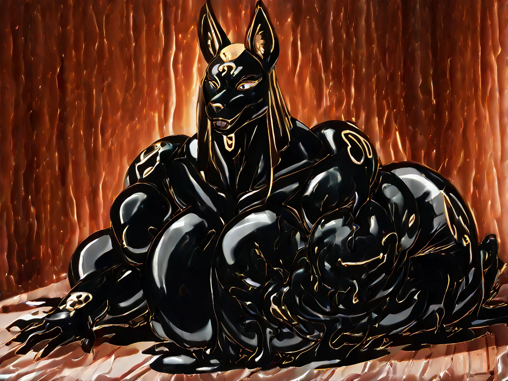 One-piece latex clothing、Bandage restraint、Bandage binding、Black slime wrapped、Tentacle wrapping、mummy、Anubis beast costume、tightsuit、Correct bodies、Correct limbs、detailed full body、drools、on top of the bed